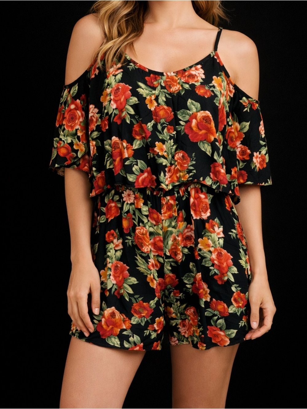 Rose Floral Cold Shoulder Romper